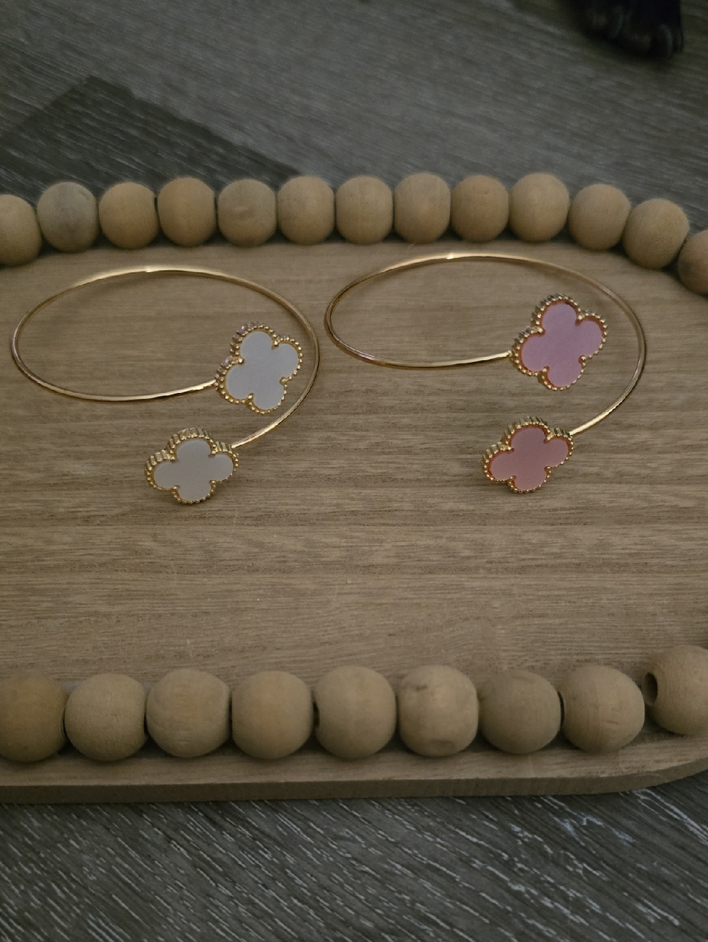 Gold Open Bangle Bracelet with White and Pink Clover Accents